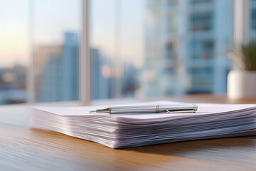 Stack of Legal Documents on Office Desk with Pen Indicating Professional Business
