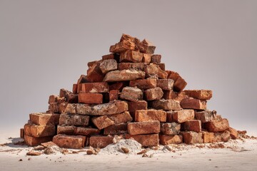 Large pile of red clay bricks isolated on dusty ground with rough textures and natural daylight