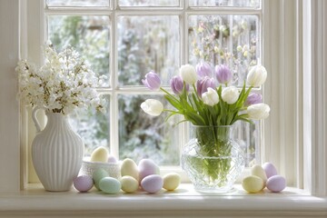 Spring flowers and decorated eggs on a windowsill with sunlight shining in during the morning hours