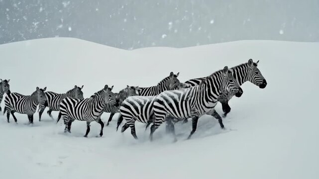 Herd of Zebras Running Through Snowy Landscape.