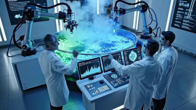Scientists examine glowing bioreactor table in hightech lab, robotic arm stirring vapor and holographic monitors displaying analysis while team discusses experimental protocol and control readings