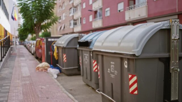 Defocused row of large garbage containers and scattered bags along a tiled sidewalk, soft bokeh rendering of parked cars and apartment facades in street; background backdrop copyspace backplate.