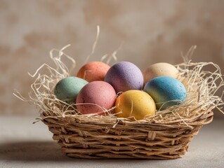 Colorful eggs in a woven basket sit on a table with a neutral background during a spring celebration