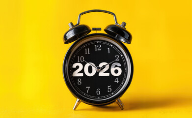 Retro Alarm Clock Displaying 2026 Against Bold Yellow Background for Future