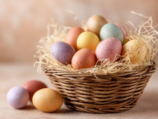 Colorful eggs in a wicker basket with straw on a plain background for spring celebration activities and events