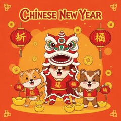 Naklejka premium Celebrating chinese new year with corgi lions