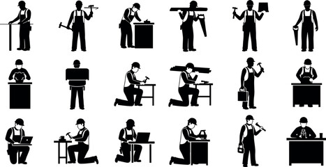 Construction worker silhouettes set, carpenter character collection with tools, builder handyman repairman working in different poses and professional manual labor.