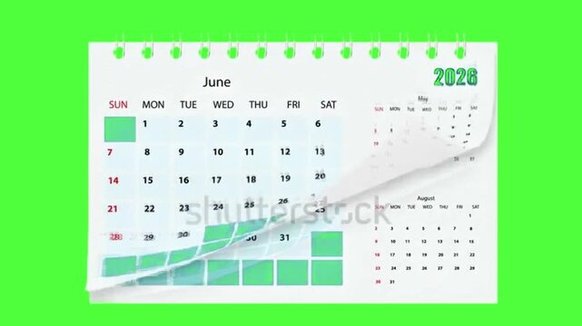Calender 2026 Animated,2026 desk calendar book animation flipping pages month by month from January to December on green screen background