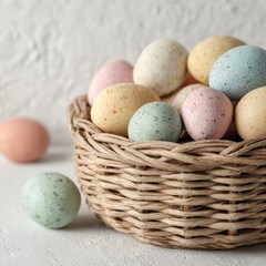 Colorful eggs in a wicker basket on a light surface during a holiday celebration