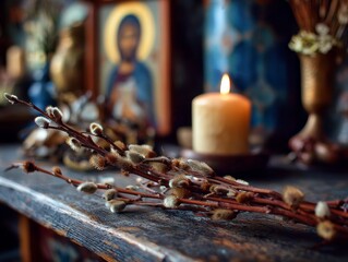 Candle lit scene with branches and an icon in a cozy indoor space during the evening hours