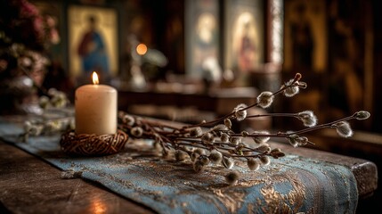 Candle and branches on a table with religious icons in a quiet place during a serene moment of reflection