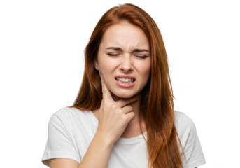 Young woman with long reddish-brown hair experiencing throat discomfort and pain holding her neck transparent background