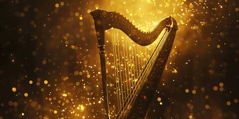 Elegant harp bathed in shimmering golden light and magical sparkles