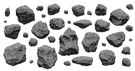 Asteroid, meteorite, boulder or stone isolated on white background. A group of broken rocks and stones.