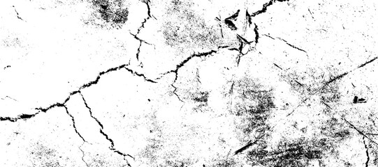 A dynamic black and white texture combines prominent cracks with dense, gritty grunge, depicting severe surface deterioration. vector