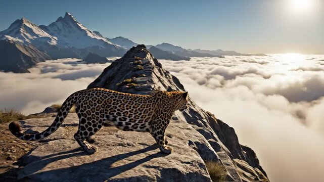 Leopard Walking on Mountain Peak Above Clouds.