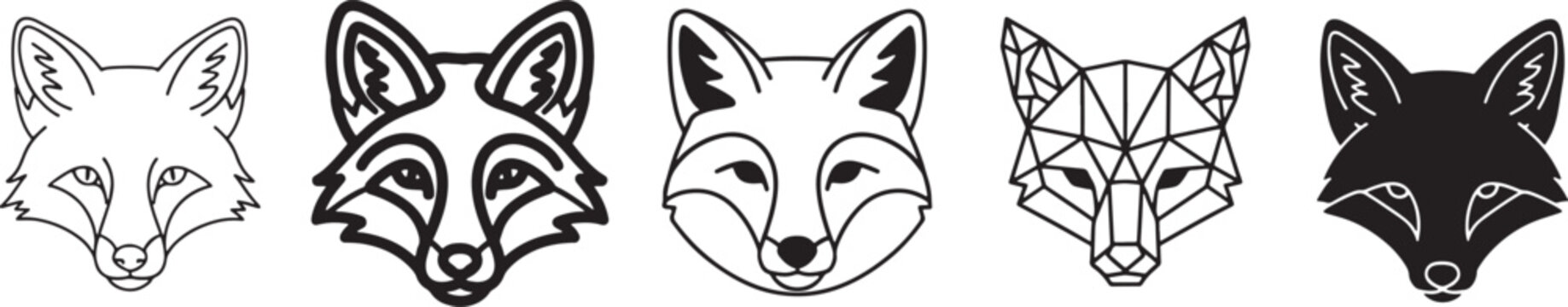 A collection of fox head illustrations showing various artistic styles from minimalist to geometric Vector