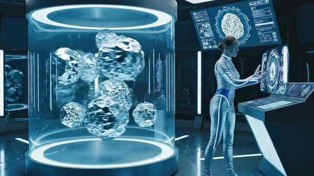 Holographic containment chamber caucasian android researcher crystal specimen analysis in futuristic laboratory with glowing sphere displays, precise scans, sterile blue ambiance and experimental 