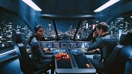 Pilots navigate neon, Cockpit guides through city lights, Pilots maneuver in illuminated urban skyline using advanced screens, Pilots steer aircraft amid vibrant city glow with comprehensive digital  - Powered by Adobe