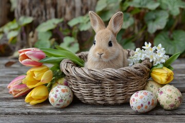 Rabbit sits in a basket surrounded by flowers and decorated eggs during spring celebration