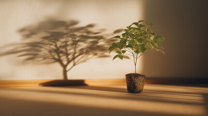 A polished, market-friendly photograph backlit bonsai in a shadowy pot, an artful still life of a captivating houseplant.
