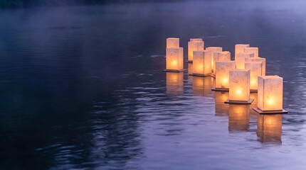 Floating lanterns illuminating the calm water in twilight  