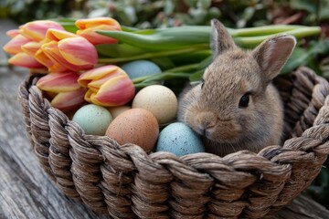 Bunny sits in basket with colorful eggs and tulips during Easter celebration in spring