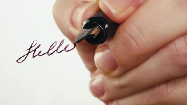 Fountain pen write letter, document sign on an antique handwritten letter. Vintage nib pen and handwritten english cursive style font copperplate, spencerian. Old history background. Retro style.