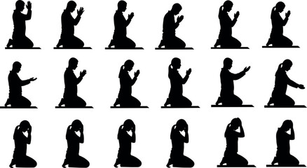 Silhouette Set of People Kneeling in Prayer and Meditation with Various Hand Gestures for Spiritual Wellness and Religious Worship Concepts