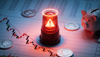 Red alert light on financial chart with declining trend, surrounded by coins and a piggy bank, symbolizing economic warning and investment caution in financial markets