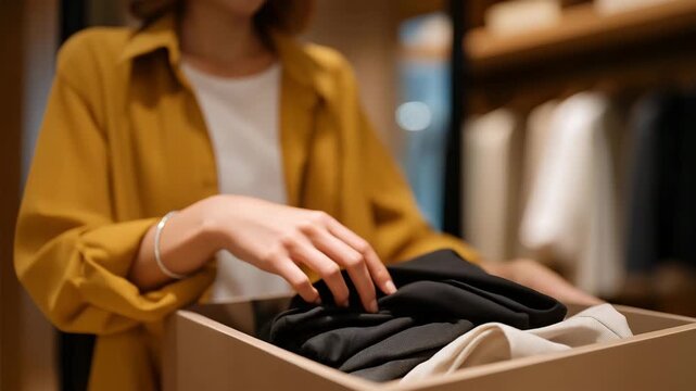 A shopper placing rejected items gently into a designated return bin, part of a clean and organized fitting room designed for effortless customer flow. cinematic color correction, natural uneven