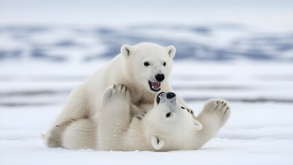 Two playful polar bear cubs wrestling and having fun together in a snowy arctic landscape.