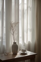 Soft haze fills the room as sheer curtains billow gently through calm morning light
