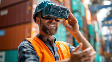 Worker wearing VR headset, port warehouse training simulation, logistics technology display, virtual learning activity, maritime education moment, with copy space
