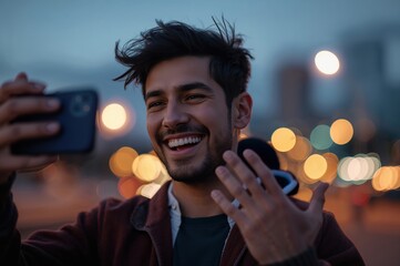 City lights ignite behind him as he gestures brightly into a live evening broadcast