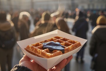 Hot Belgian waffle with dripping chocolate held in hand at busy winter plaza