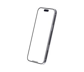 Side view of smartphone mockup with transparent screen isolated on transparent background. Mobile phone with empty display for copy space.