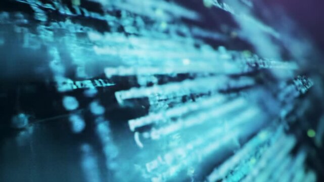 Extreme close-up glowing abstract computer code, intricate data streams, encryption patterns animating fluidly on dark screen, stunning bokeh, cool blue/purple lighting, secure data processing concept