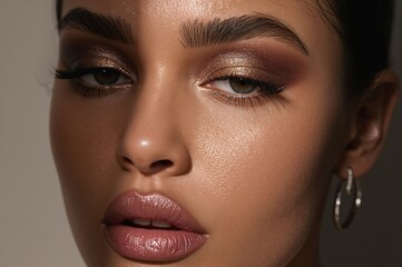 A serene beauty moment caught as metallic pigments shimmer softly within warm studio light