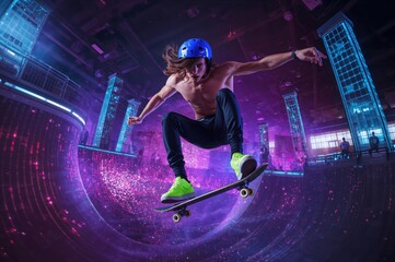 Futuristic skate moment caught as neon pixel ramps glow beneath a perfect ollie