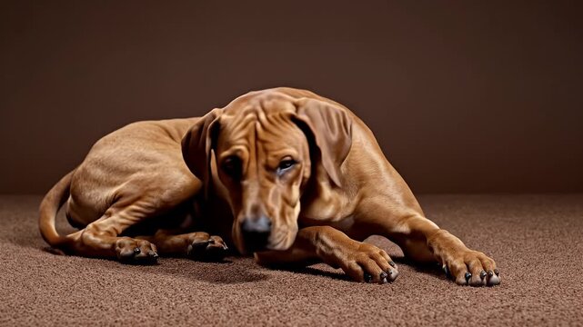Tired Rhodesian Ridgeback Dog Relaxing on the Floor in a Comfortable Studio Setting