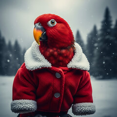 A baby wearing a red parrot hat and winter coat in the snow