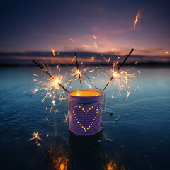 nice sparklers in a heart lantern on the frozen sea on valentines day