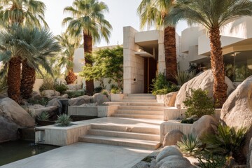 Obraz premium A contemporary house entrance features elegant steps leading up to the door, flanked by palm trees and surrounded by an array of rocks and lush plants, all situated in a bright, sunny garden setting