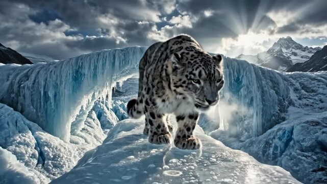 Snow leopard walking on icy cliff edge.