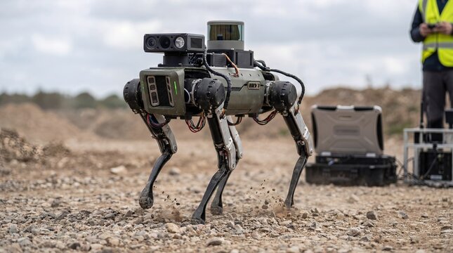 Quadruped Robot Dog With Sensors Walking On Rocky Terrain With Operator