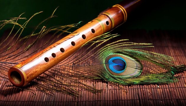 bansuri flute and peacock feather still life