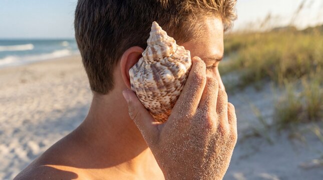Young Man Listening to Conch Shell on Beach with Sandy Hand Close Up