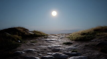 A bright orb possibly the moon or sun shines in the clear twilight sky illuminating a rocky path leading uphill through grassy terrain