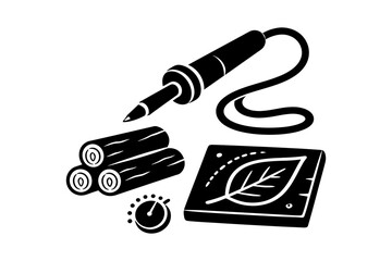 Silhouette of wood burning tools with leaf design and log elements